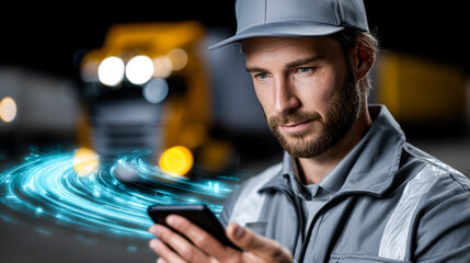 Digital concept of logistics network with worker using smartphone, showcasing modern technology in transportation