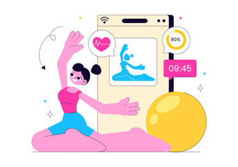 Virtual Fitness App Illustration Featuring People Enjoying Online Classes Using a Mobile Application to Promote Wellness and Healthy Lifestyle Trends