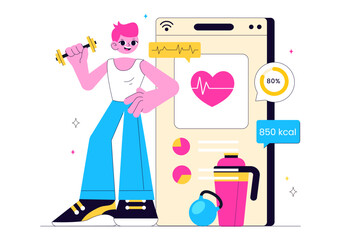 Virtual Fitness App Illustration Featuring People Enjoying Online Classes Using a Mobile Application to Promote Wellness and Healthy Lifestyle Trends
