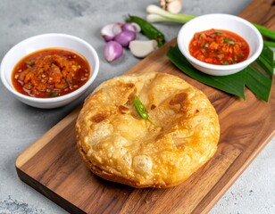 Traditional Martabak Telur with Spicy Sambal and Fresh Shallots on Rustic Wooden Cutting Board