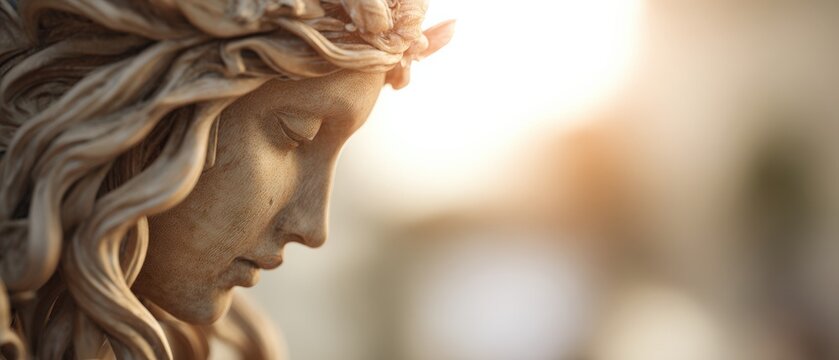 Serene stone statue of a woman with flower crown in soft light, evoking peace and classical beauty Concept of art, sculpture, and timelessness