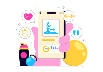 Virtual Fitness App Illustration Featuring People Enjoying Online Classes Using a Mobile Application to Promote Wellness and Healthy Lifestyle Trends
