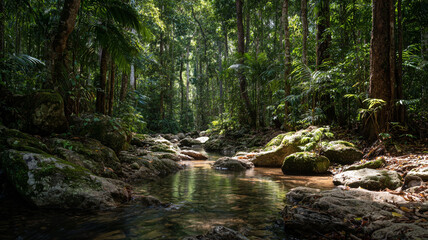 Fototapeta premium Serene tropical rainforest scene features small, clear stream flowing over rocks, surrounded by lush green foliage and tall trees. Sunlight filters through canopy, creating peaceful atmosphere