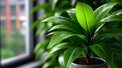 Lush green indoor plant with vibrant leaves in modern pot, enhancing ambiance of bright room