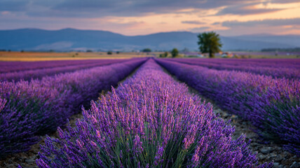 Obraz premium Stunning lavender field at sunset with vibrant purple hues and serene atmosphere, set against backdrop of rolling hills and colorful sky
