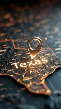 Glowing metallic marker pinpoints Texas on a dark, detailed map. Warm light illuminates the state name.  3D rendering with a sleek, modern aesthetic.