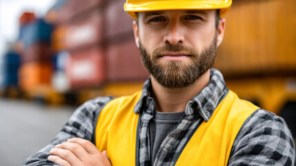 Confident engineer standing in container yard, wearing safety gear and hard hat, showcasing determination and professionalism