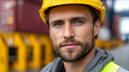Confident engineer standing in container yard wearing yellow hard hat and safety vest, showcasing determination and focus