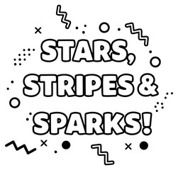Stars. stripes and sparks graphic design with no demographic details. Bold text with geometric shapes on a white background.