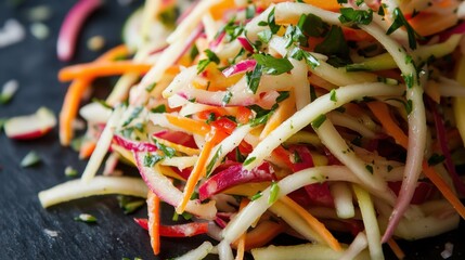 Fresh vegetable slaw with julienne carrots and apple on slate background