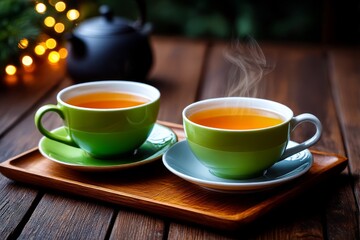 Obraz premium Hot Teas: Two steamy teacups filled with warm golden tea offer cozy companionship, set against a backdrop of wooden elegance.