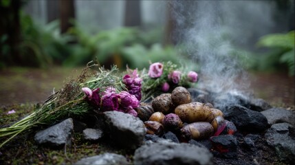 Rustic outdoor cooking: potatoes roasting on open fire with wildflowers in forest setting Maori hangi feast: meat and root vegetables steaming in an earth oven