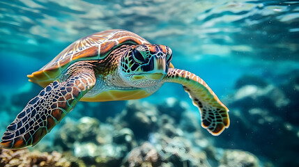 Fototapeta premium A sea turtle swims in the coral reef.