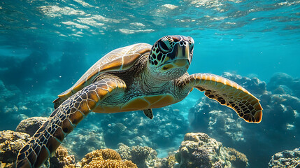 Fototapeta premium Sea turtle swimming amidst coral reefs.