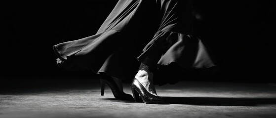 Elegant woman dancing flamenco in black dress and high heels on stage Passionate performance of Spanish dance in dark studio Concept of art, culture, and tradition