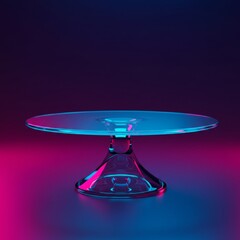 Clear glass cake stand with vibrant neon lighting. Empty display piece against a gradient backdrop. Modern design element for food presentation. Studio.