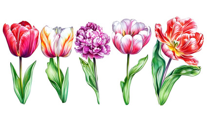 Obraz premium Watercolor illustration of colorful tulips and hyacinth isolated on white