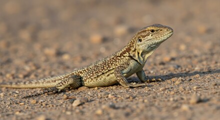 Close-up of a speckled lizard on the ground.