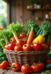 vibrant vegetables bounty fresh produce colorful harvest eco friendly basket farmers market, carrot, pepper, tomato, broccoli, bean, cucumber, onion, lettuce