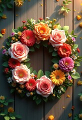 vibrant floral wreath rustic wooden background nature decoration artistic arrangement colorful blossom, bouquet, bloom, petal, leaf, spring, vintage, botanical