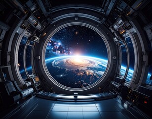 Futuristic spaceship viewport, Earth in the cosmos