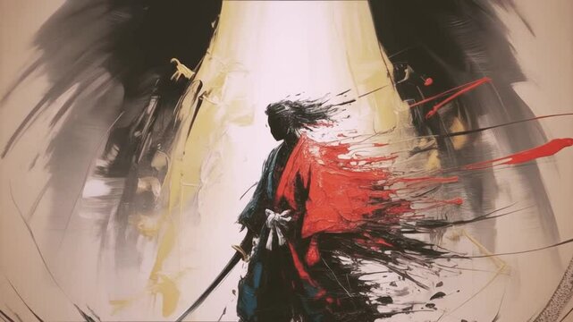 Samurai brushstroke painting, dynamic black ink style, martial arts and tradition, motion design