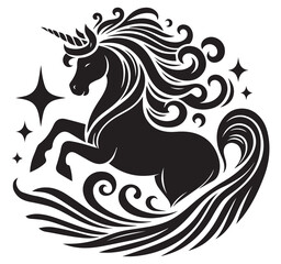 Fototapeta premium Black unicorn graphic design element fantasy mythical creature illustration with swirling mane stars magic mystical logo icon