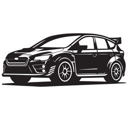 Fototapeta premium Black and White Vector Illustration of a Sporty Hatchback Car Side View Isolated on White Background Vehicle Automobile Transport