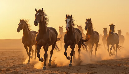 Fototapeta premium Majestic Horses Galloping in Golden Sunset Desert