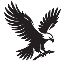 Fototapeta premium Black and white graphic vector illustration of a powerful eagle with wide wings perched on a branch, logo symbol
