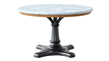 Elegant round table with a sleek marble top and a classic black pedestal base, perfect for any dining or living space.