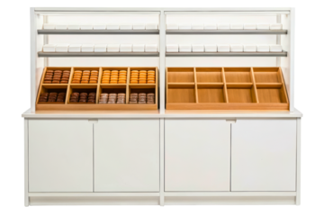 Neatly arranged display case for pastries and desserts isolated with transparent background