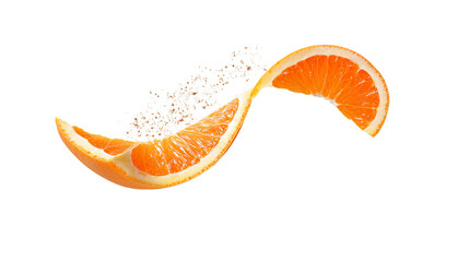 Fresh orange slices on a black background with a splash of citrus zest for a vibrant culinary presentation.