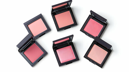 Variety Of Pink Blushes In Black Compact Boxes On White Background