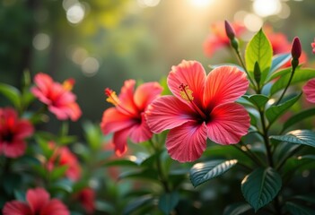 Obraz premium vibrant hibiscus blossoms tropical background colorful foliage lush greenery blooming flowers bright garden scene, plant, fiveleaf, petal, flora, nature, spring
