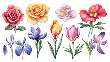 Watercolor style floral arrangement with roses iris crocus and peony on transparent background