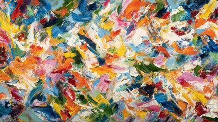 Abstract expressionist painting with chaotic energy, vibrant brushstrokes, and dynamic color splashes creating intense and lively visual experience full of movement and texture