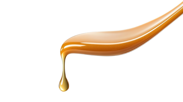 Golden syrup flowing elegantly on a white isolated background.