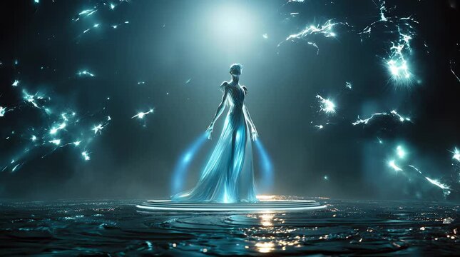 A futuristic alien emerges within a glowing energy field. This alien radiates power, standing in a digital storm of light. Alien presence defines the alien world of this alien vision.