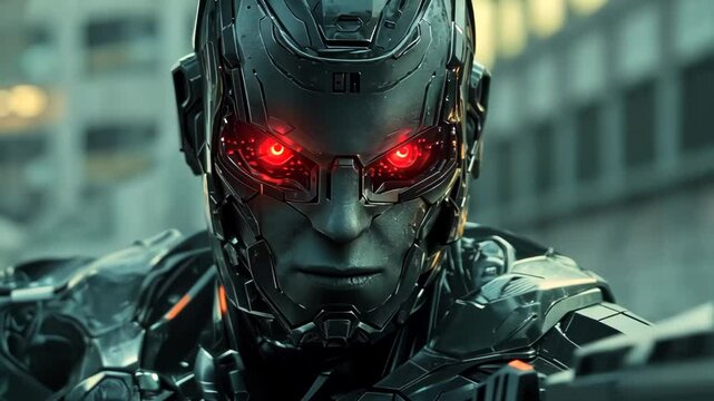 Cybernetic Soldier: A futuristic robot with glowing red eyes, holding a weapon in a city setting.
