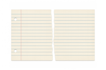 Lined notebook paper, ripped in half, rests on a transparent background, providing ample space for notes or messages