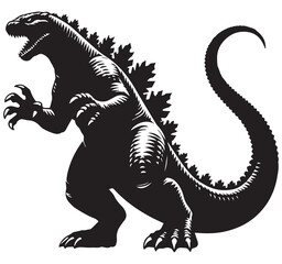 Detailed Black and White Godzilla Kaiju Monster Silhouette Engraving Style Illustration