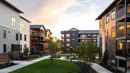 Fototapeta premium Modern Apartment Complex Courtyard At Sunset