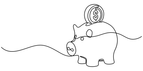 Continuous line piggy bank. piggy bank icon one line drawing. invitation let's save, one line art concept of business finance. financial investment. isolated white background. vector illustration.