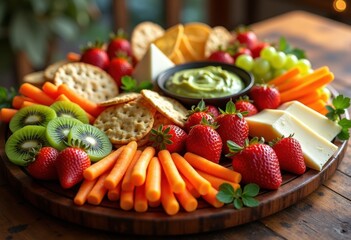 vibrantly colorful snack platter assorted dips veggies fruits crackers cheese chips fresh herbs, variety, appetizer, textures, presentation, spread, party