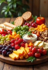 vibrantly colorful snack board array assorted finger foods including breads, input, cheese, fruit, vegetable, dip, nut, platter, appetizer, variety