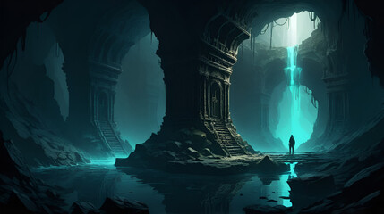 Journey through the abyssal depths of the netherworld,where echoes of forgotten souls reverberate through the darkness. Chasm of the Forgotten. Illustration