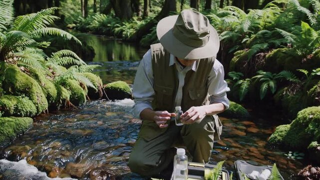 Biologist carefully collecting samples from a clear stream flowing through a lush forest, showcasing environmental research in action