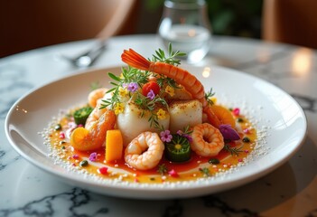 vibrantly plated seafood dish colorful garnishes sea salt sprinkle gourmet presentation, appetizer, meal, restaurant, chef, texture, ingredients, shrimps
