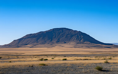 Arafed sand dune rises against a clear blue sky in a vast desert landscape.